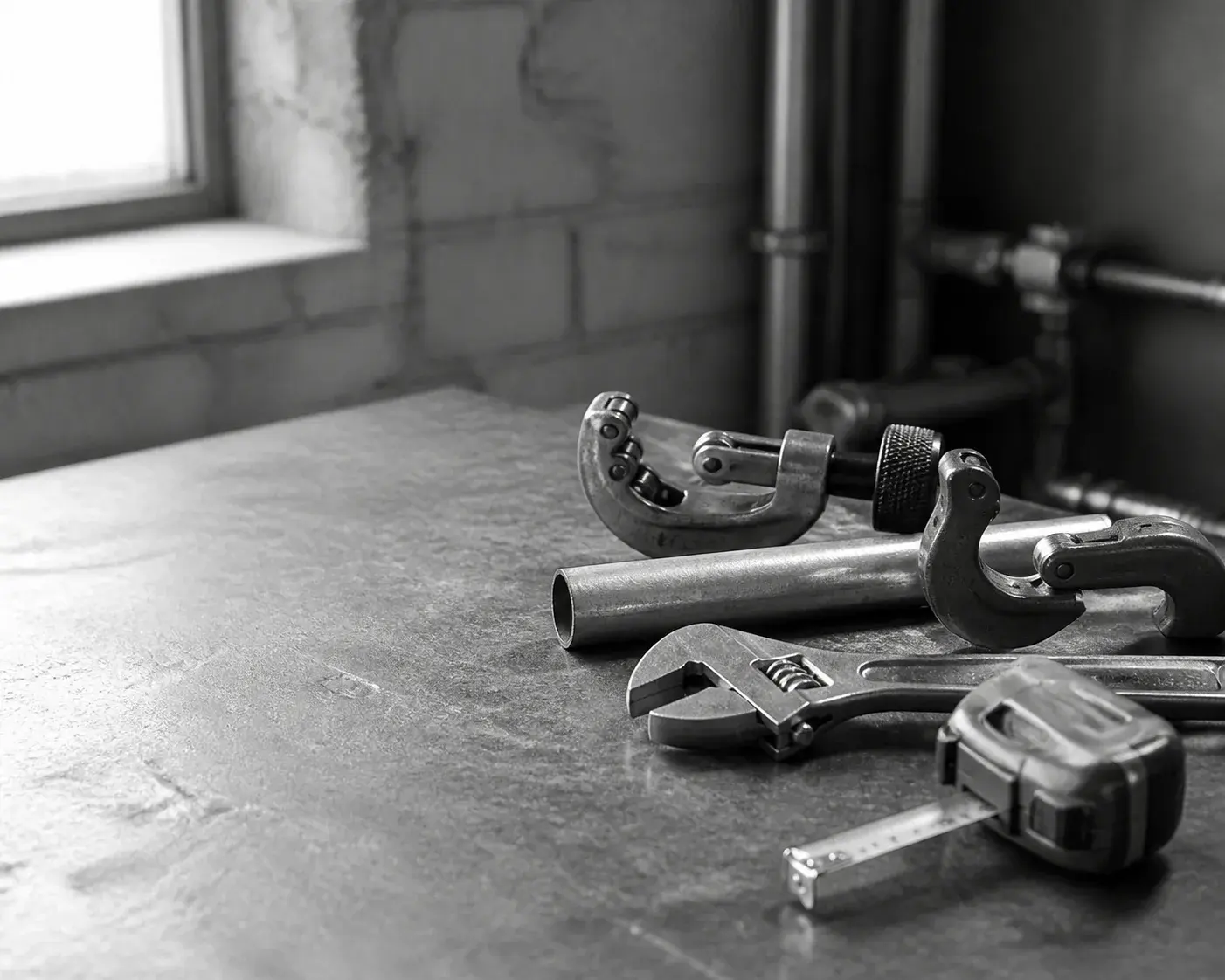 Plumbing tools and pipework on a workshop bench