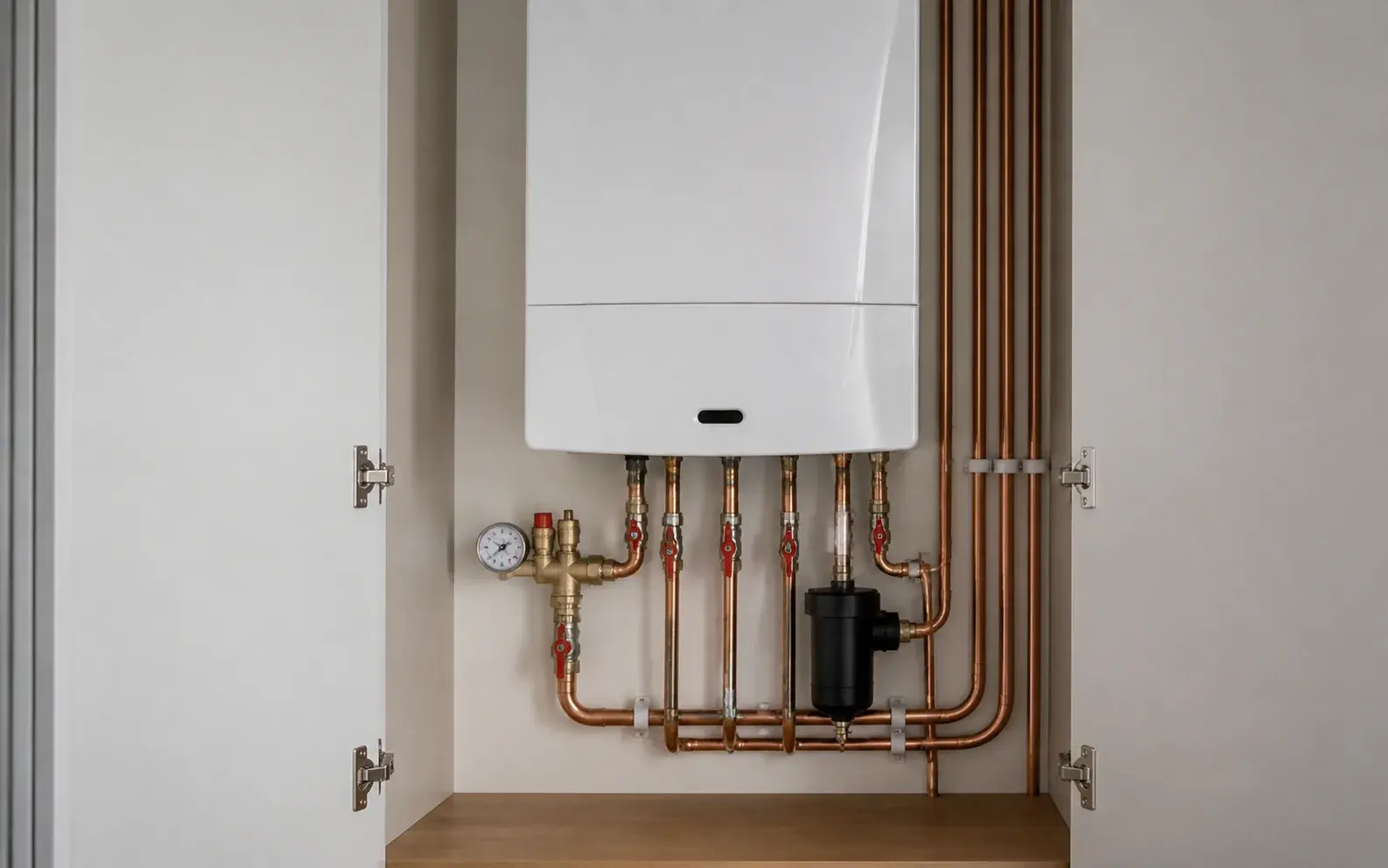 Wall-mounted gas boiler with copper pipework and a magnetic filter