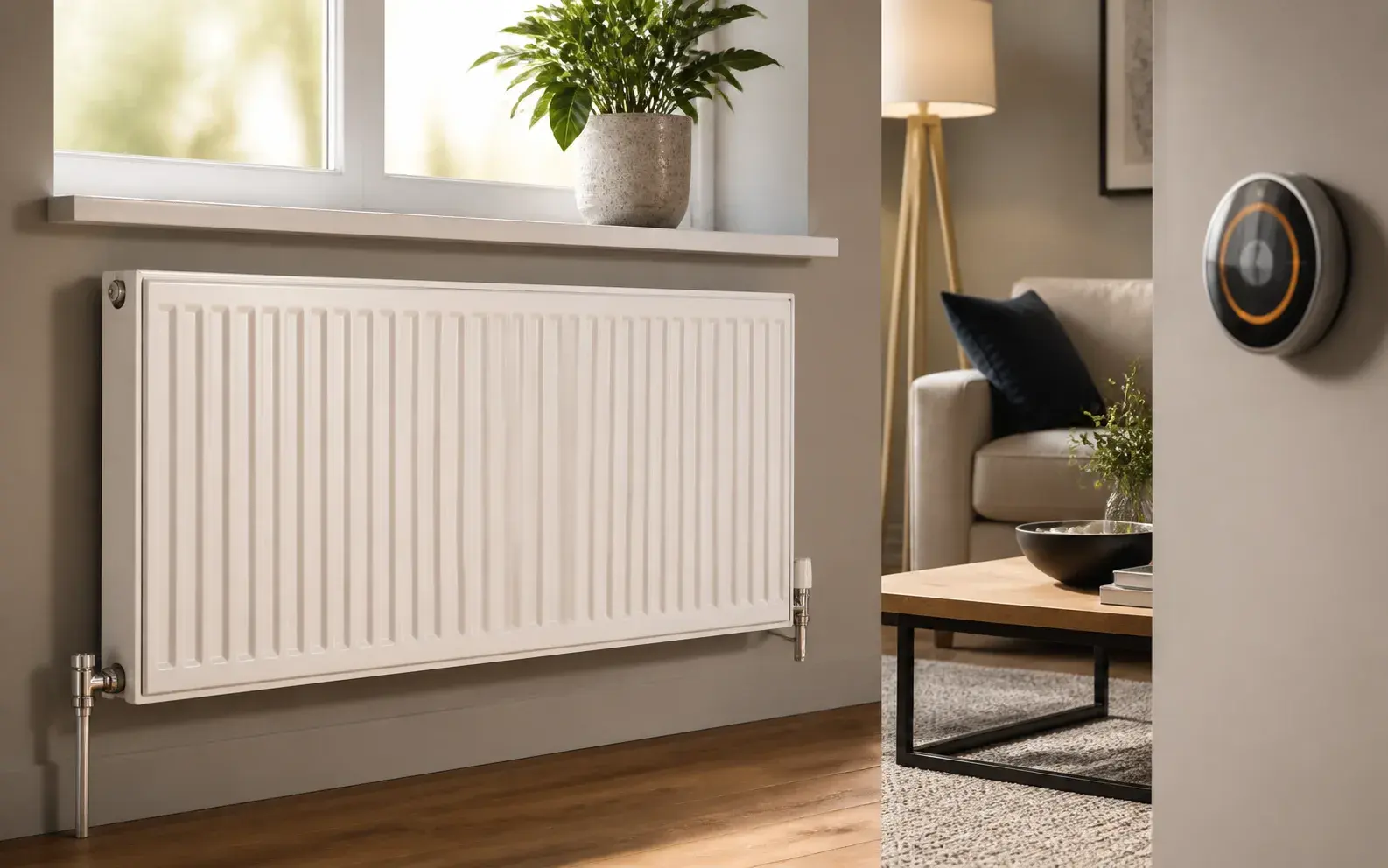 Radiator and smart thermostat in a living room