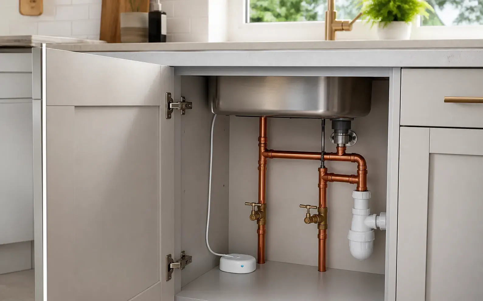 Copper pipework and waste trap under a kitchen sink